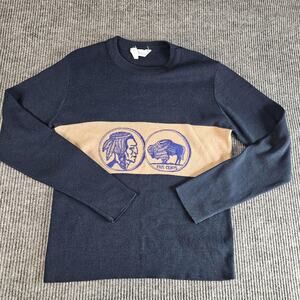 Buffalo Nickel Sweater Mens Small Navy Tan Crewneck Knit Indian Head Bison Coin